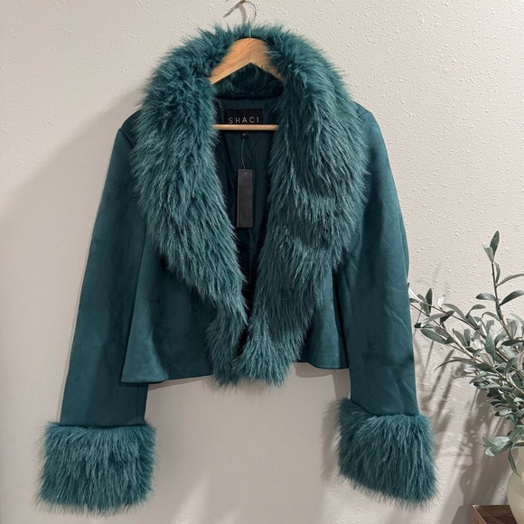 Shaci NWT Teal Size Medium Riley Vegan Suede Jacket Faux Fur Glam Y2K Statement - Picture 1 of 7